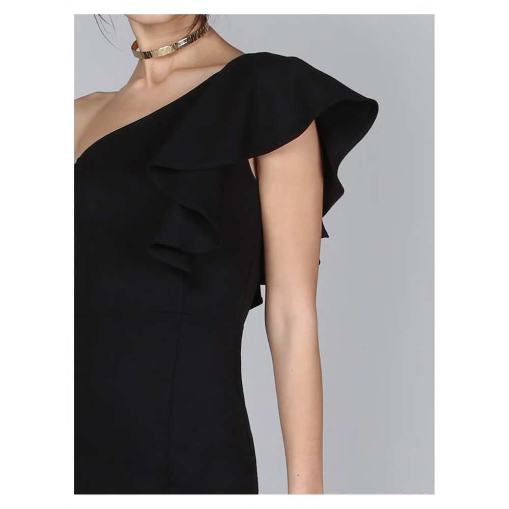 Black One Shoulder Ruffle Bodycon Midi Dress - Picture 4 of 6
